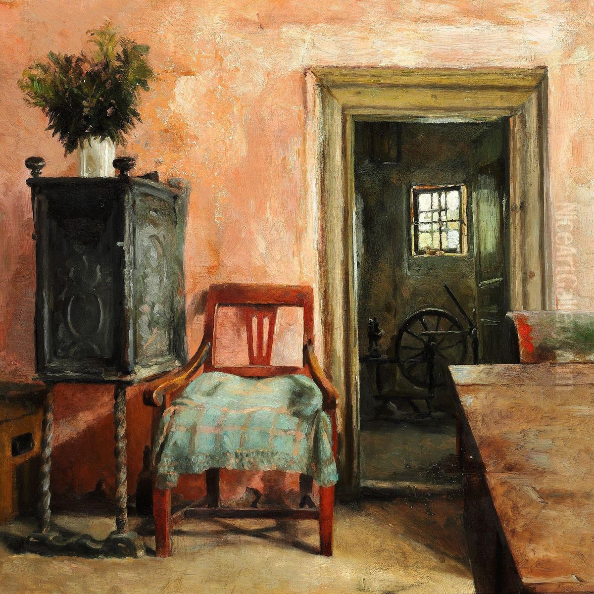 Rosy Interior With A Cast Iron Oven And A Spinning Wheel In The Room Next Door Oil Painting by Marie Martha Kroyer