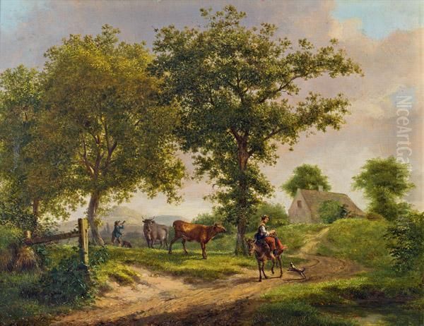Hirtin Mit Kuhen Oil Painting by Frederik Marianus Kruseman