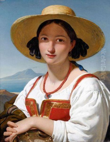 Napolitaine Au Chapeau De Paille Et Collier De Corail Devant La Baie De Naples Oil Painting by Frederik Marianus Kruseman