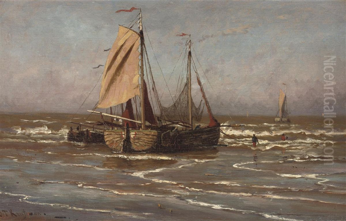 Boats In The Surf Oil Painting by Jan Theodore Kruseman
