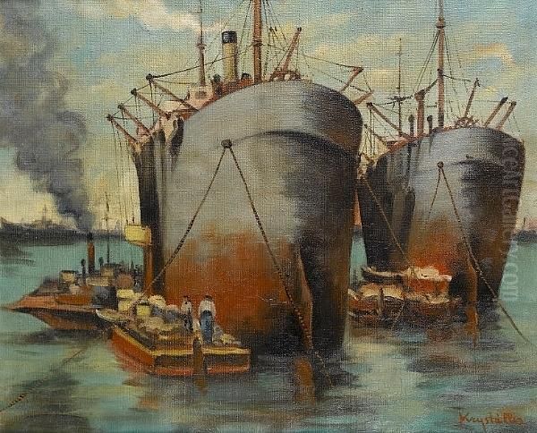 Cargo Ships In Piraeus Oil Painting by Andreas Krystallis