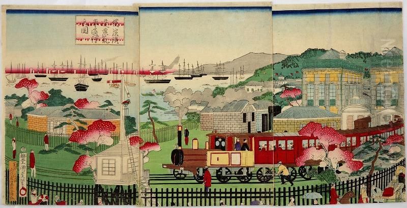 Running Steam Locomotive In Yokohama Oil Painting by Utagawa Kunimasa