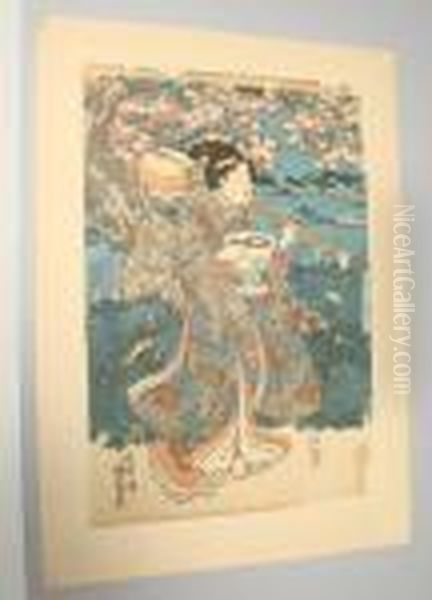 Woman In A Cherry Tree Landscape Carrying A Biwa On Her Shoulder Oil Painting by Gototei Kunisada