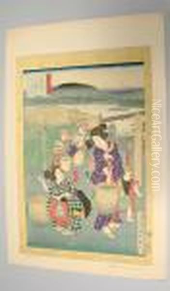Ladies Gathering Tea Leaves Oil Painting by Gototei Kunisada