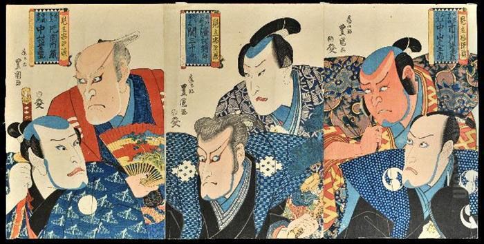 Triptych: Half Length Portraits Of Actors Depicting Anger And Fear Oil Painting by Gototei Kunisada