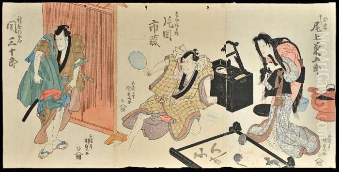 Triptych: Actor In The Role Of A Warrior And Two Figures Oil Painting by Gototei Kunisada