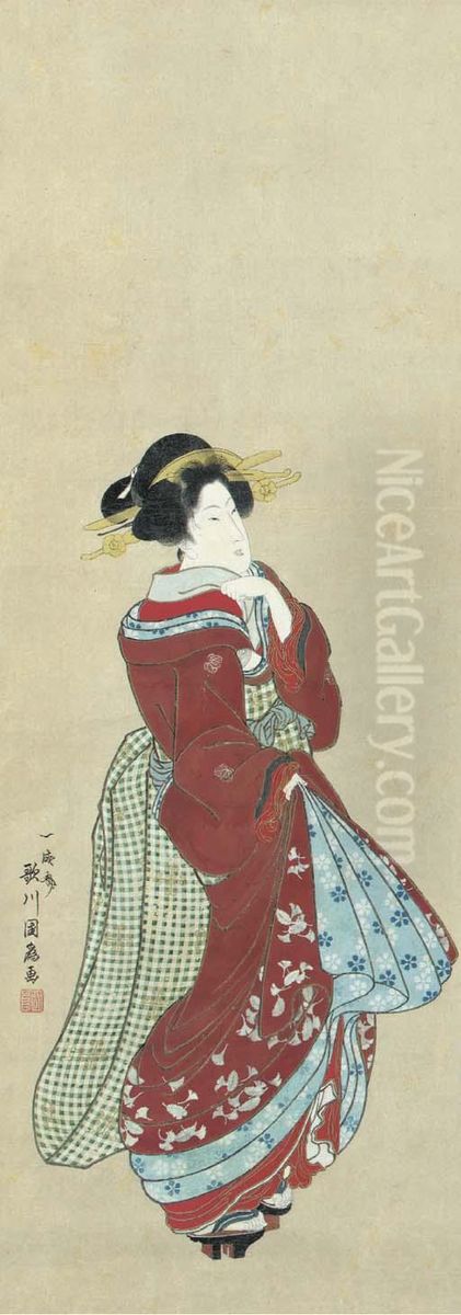 Standing Beauty Oil Painting by Utagawa Kunitomi