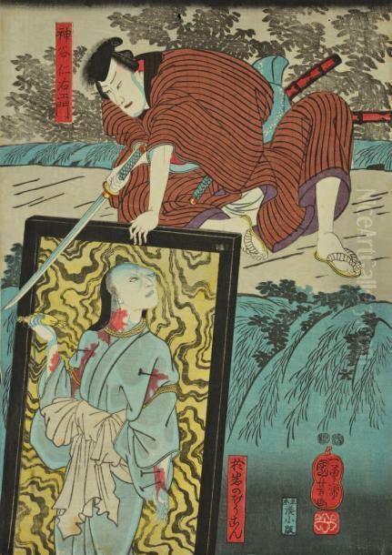 Quatre Oban Tate-e Dont Partiede Triptyque: Acteurs Dans Des Roles De Samourai Et Heros Oil Painting by Utagawa Kuniyoshi