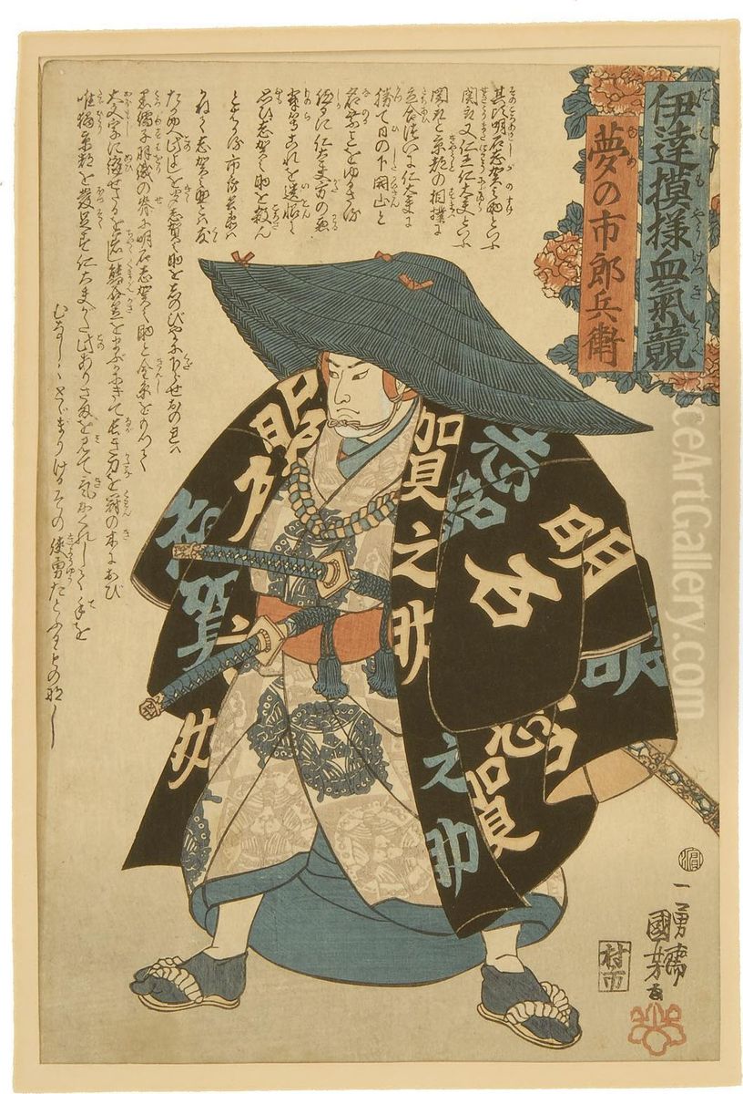 Depicting A Samurai With Calligraphic-decorated Robes Wearing A Straw Hat Oil Painting by Utagawa Kuniyoshi