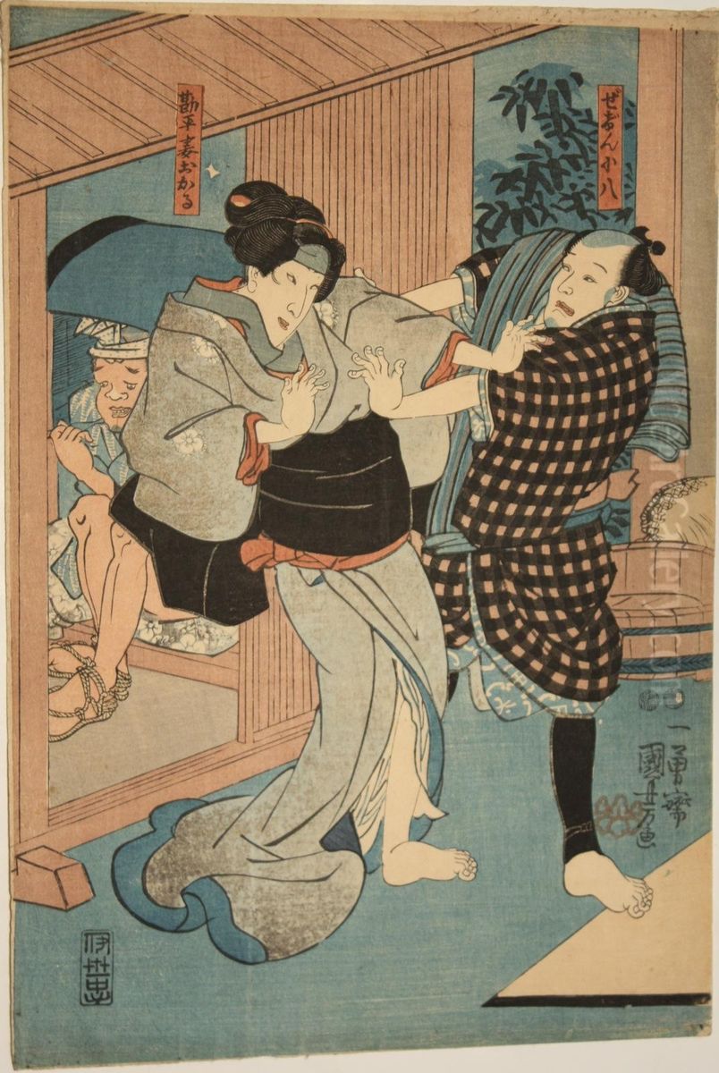 Theatrical Scene With Two Samurai Oil Painting by Utagawa Kuniyoshi