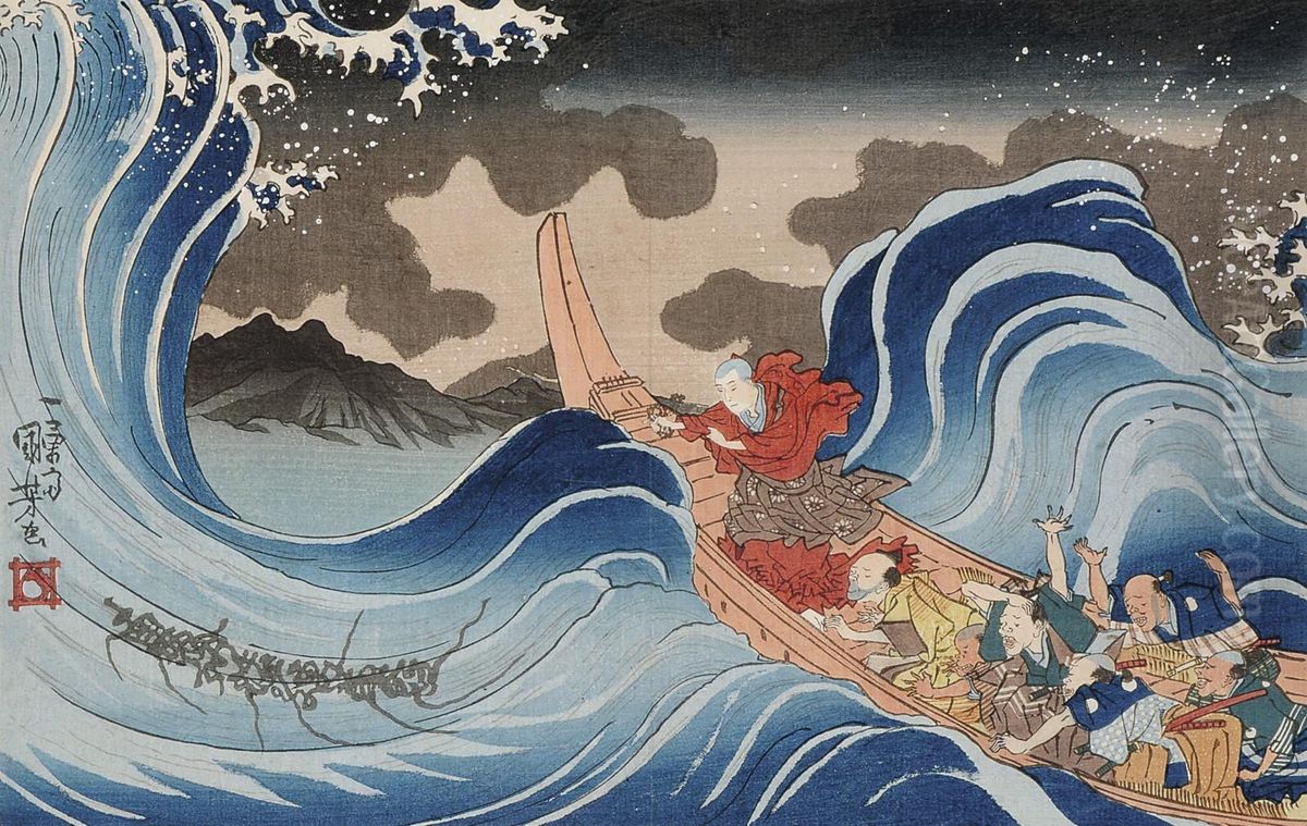 Ichiyusai Kuniyoshi Nichiren Calming A Storm At Kakuda Oil Painting by Utagawa Kuniyoshi