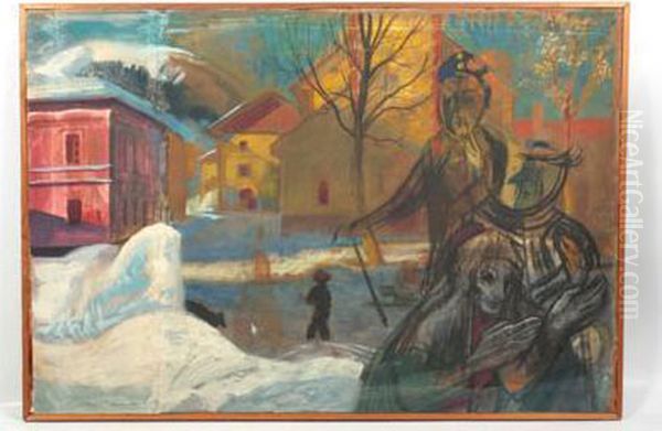 Winterliches Dorf Mit Figuren Oil Painting by Albert Kunze