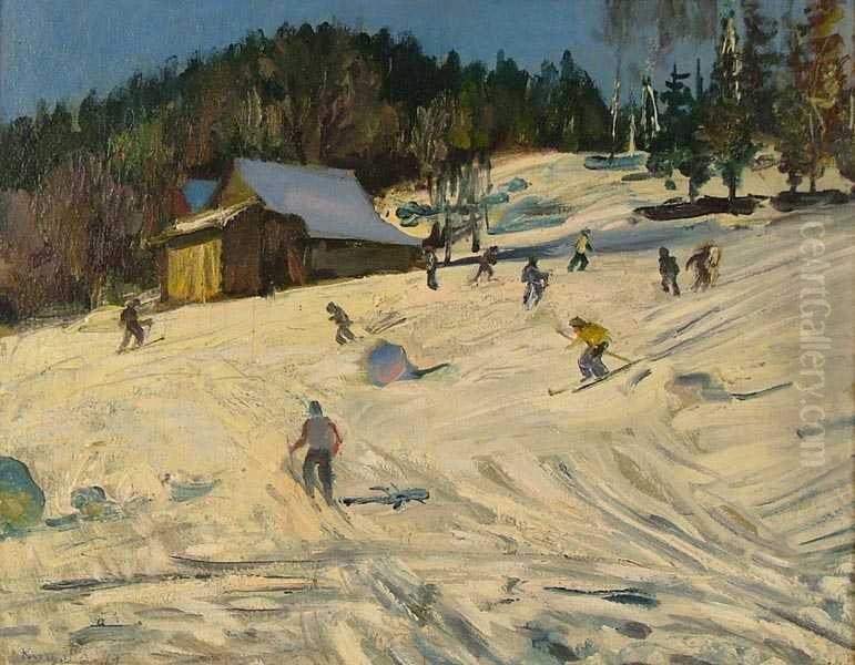 Narciarze Na Stoku Oil Painting by Czeslaw Kuryatto