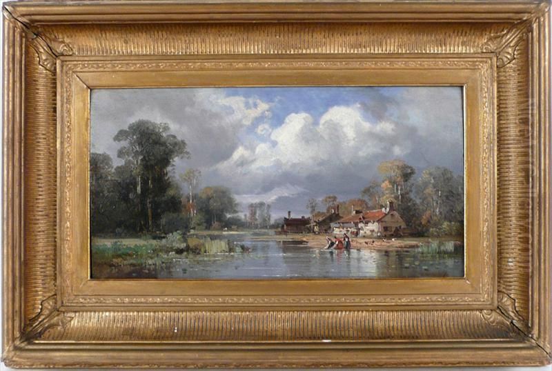 Washer Women Oil Painting by Charles Euphrasie Kuwasseg