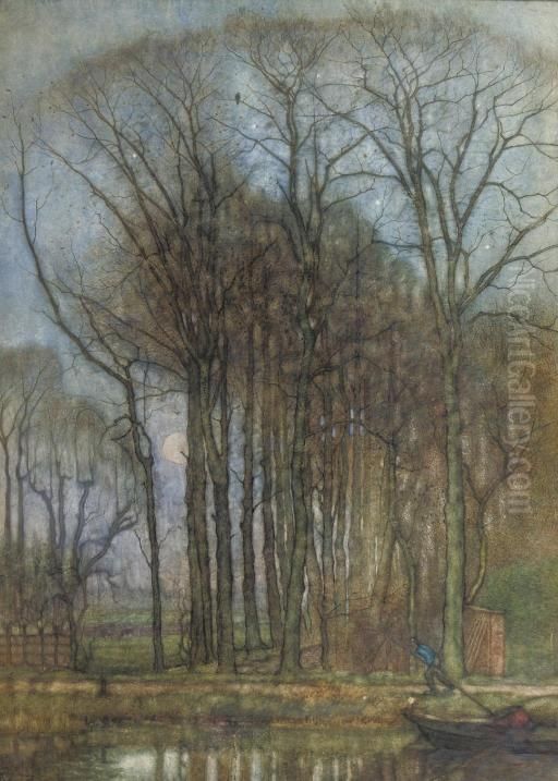 A Barge On A Canal Near Rijswijk Oil Painting by Johan Kuypers