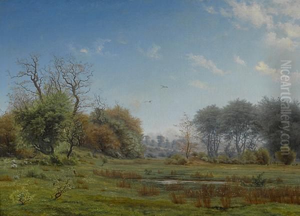 A Pond In A Forest Clearing With A Herd Of Deer Oil Painting by Vilhelm Kyhn