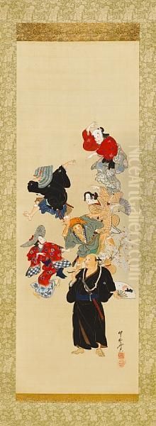 Chikamatsu Monzaemon InThe Foreground Oil Painting by Kawanabe Kyosai