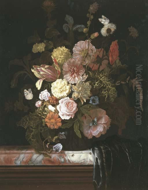 Roses, Peonies, Tulips And Other Flowers, In A Glass Bowl Standing On A Veined Marble Slab, The Corner Which Is Covered In A Plum-colored Silk Drapery Oil Painting by Nicolaes Lachtropius