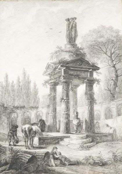 Paysans Dans Des Ruines Oil Painting by Pierre Lacour