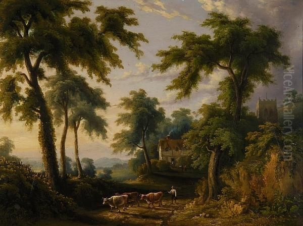 Cattle And Drover In A Country Lane Oil Painting by Henry Ladbrooke