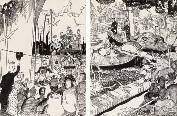 Completion Of The Roman Wall; After The Flood; Extinction Of The Fire Of London; Opening Of The Royal College Of Music; Chelsea Pensioners Hearing The News Of Waterloo, June 1815; Completion Of The Tower Of Babel; Cleopatra's Needle Arrives In The Thames Oil Painting by Gavin Graham Laidler