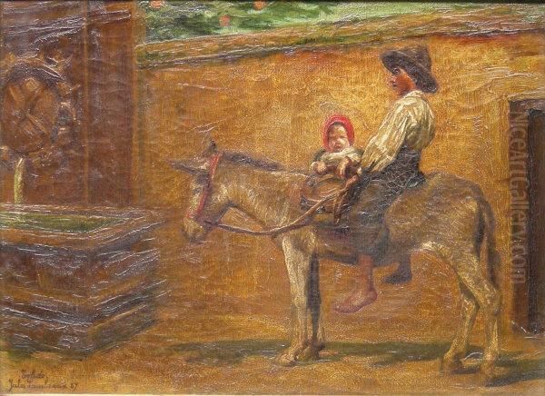 'toledo' Man And Child On A Donkey Oil Painting by Jules Lambeaux