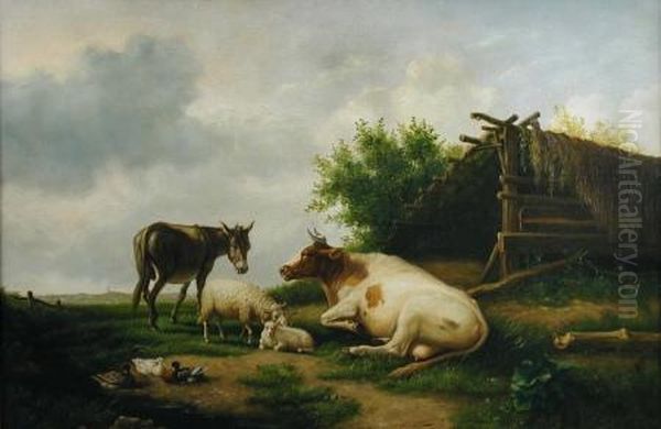 Cattle, Sheep, A Donkey And Ducks In A Pastoral Landscape Oil Painting by Edwin J. Lambert