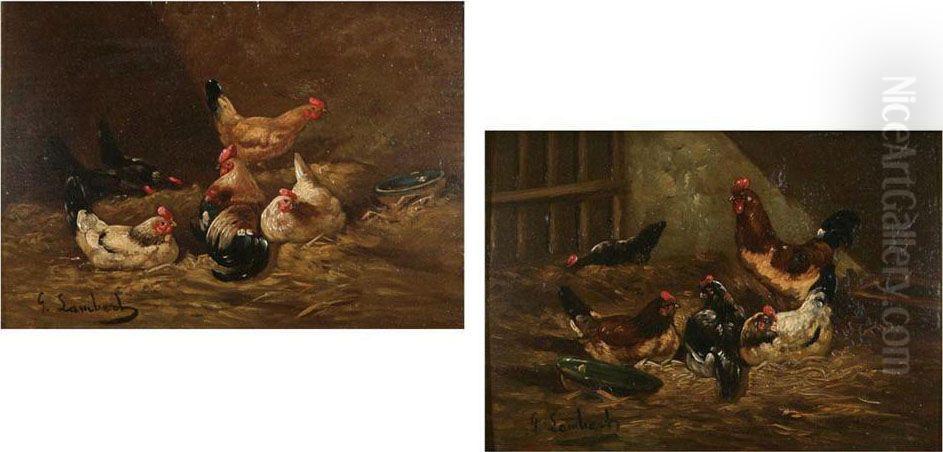 Chickens In The Stable Oil Painting by G.R. Lambert