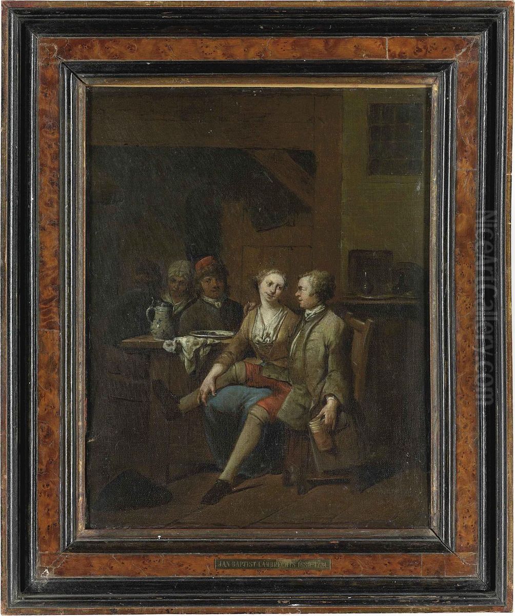 A Couple Eating And Drinking In An Interior Oil Painting by Jan Baptist Lambrechts