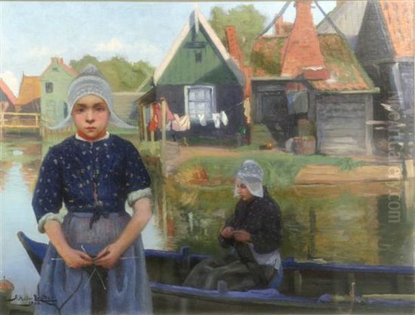 Girls Beside A Canal Oil Painting by John St. Helier Lander