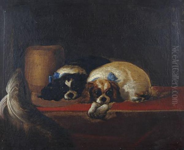The Cavalier's Pets (king Charles Spaniels) Oil Painting by Sir Edwin Henry Landseer
