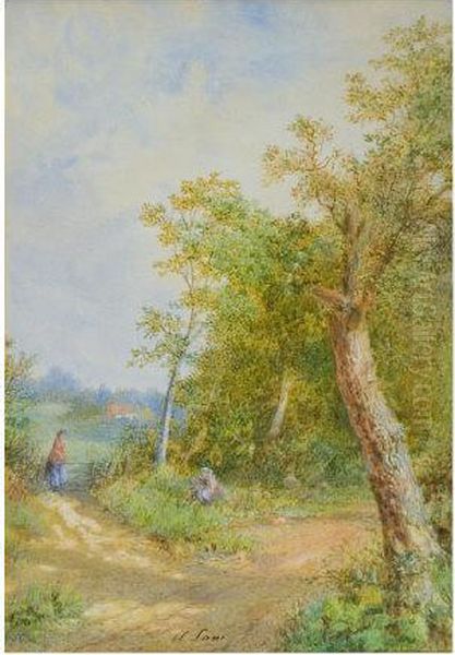 Country Lanewith Cottage In Distance, Woman Picking Flowers Oil Painting by Albert Lane