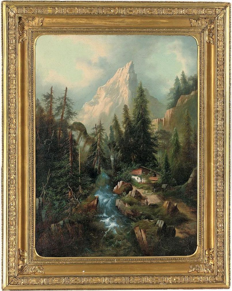 A Cottage By A Waterfall, The Matterhorn Beyond Oil Painting by Albert Lang