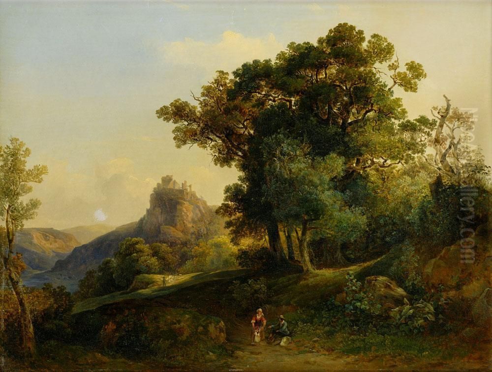 Romanticka Krajina S Figuralnoustafazou Oil Painting by Rudolf Lang