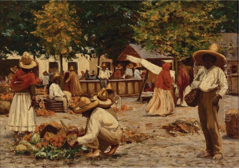 Mexican Outdoor Market Oil Painting by Gustavo Langenberg