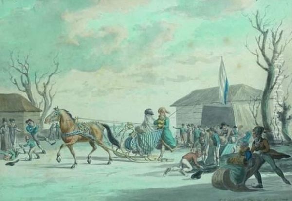 Les Patineurs En Hiver Oil Painting by Jan Anthonie Langendijk