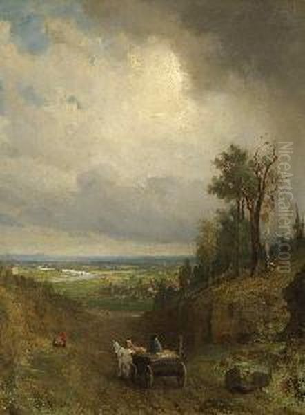 Pferdefuhrwerk Auf Dem Weg In Das Flusstal. Oil Painting by Dietrich Langko