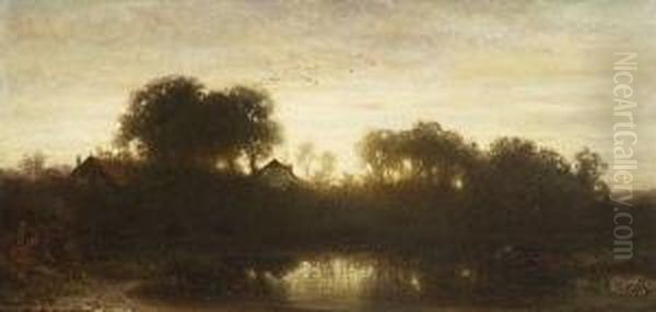 Dorf Am Weiher Im Abendlicht. Oil Painting by Dietrich Langko