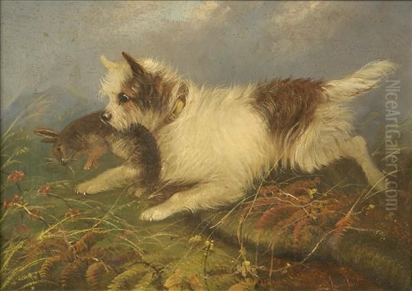 Terrier With Arabbit Oil Painting by Jean-Charles Langlois