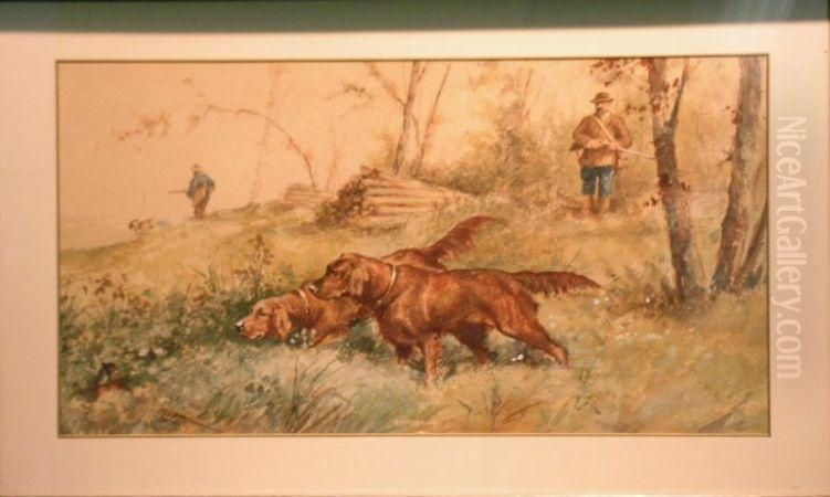 Two Irish Setters On Point Oil Painting by L. Langlois