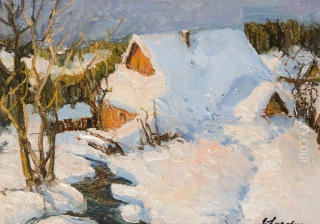 Paysage De Neige Oil Painting by Georgi Alexandrovich Lapchine