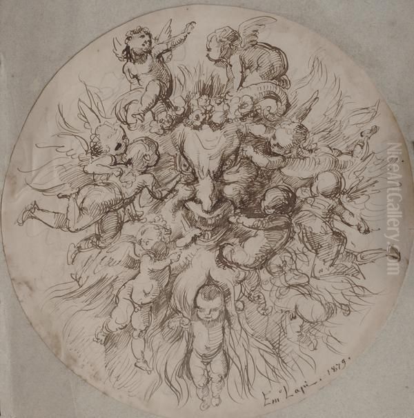 Putti E Mascherone Oil Painting by Emilio Lapi