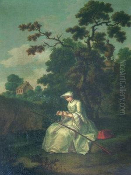 Portrait Of A Lady Fishing By A River With Woodland And A Cottage In The Distance Oil Painting by Hieronymus Lapis
