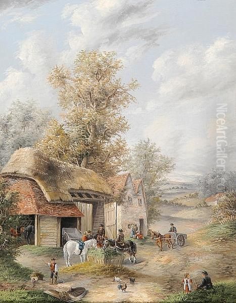 Horses In A Village Street Oil Painting by Edwina Lara