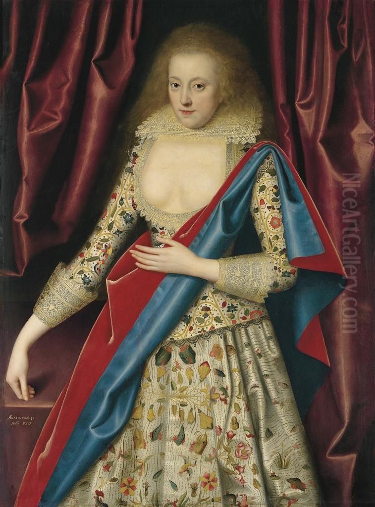 Portrait Of Lady, Probably Lady Thornhagh, Three-quarter-length, Inan Embroidered Bodice And An Embroidered Dress, With A Pale Yellowlace Collar, And A Blue And Red Mantle Over Her Left Shoulder,beside A Table, Flanked By Draped Curtains Oil Painting by William Larkin