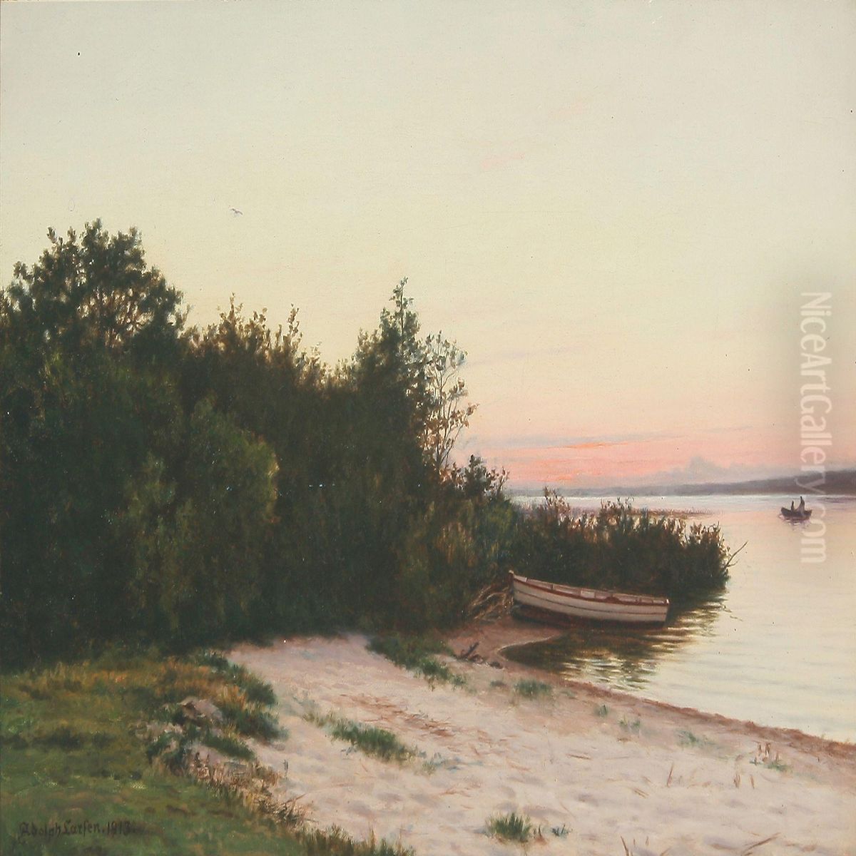 Landscape With Rowing Boat On The Bank Oil Painting by Adolf Larsen