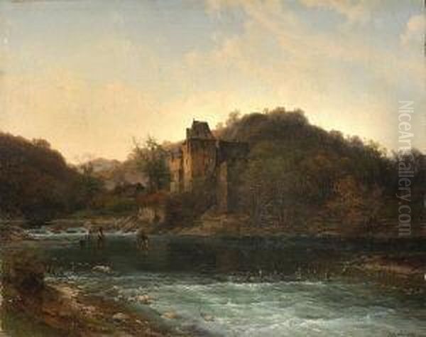 Flusslandschaft Mit Mittalterlicher Burg Oil Painting by Johann Adolf Lasinsky