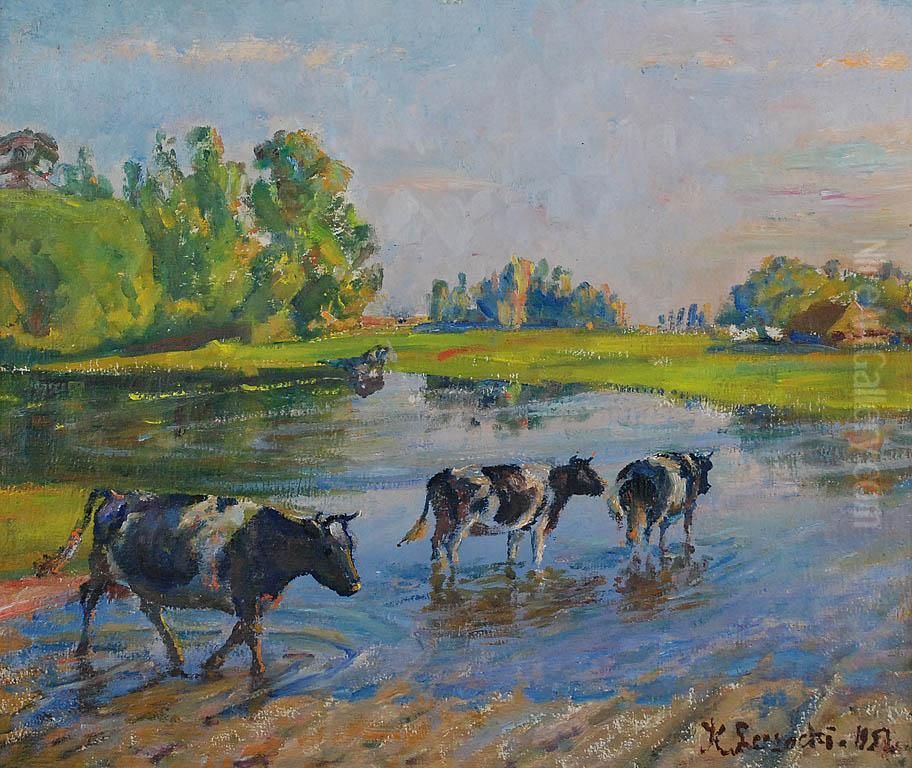 Krowy Przy Wodopoju Oil Painting by Kazimierz Lasocki