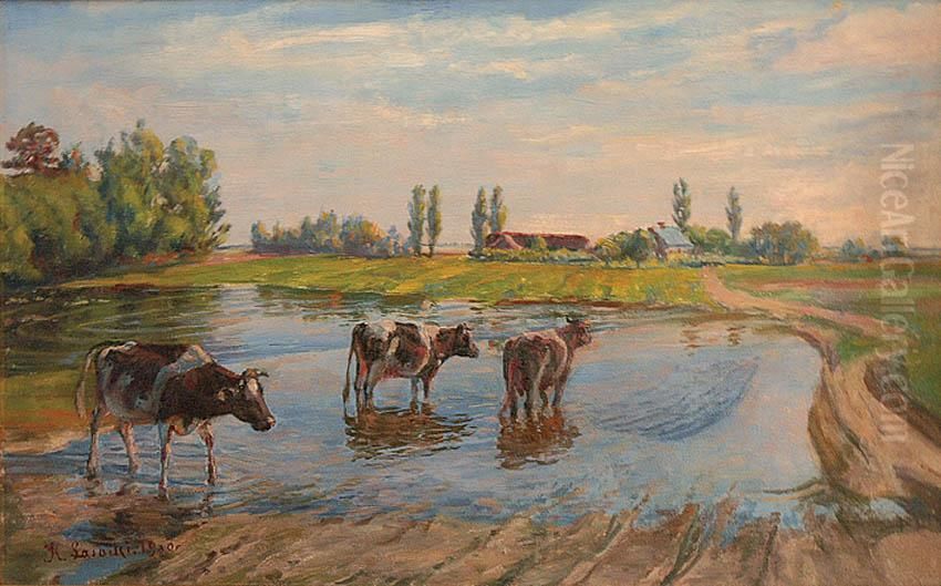 Krowy Z Pejzazem Wioski W Tle Oil Painting by Kazimierz Lasocki