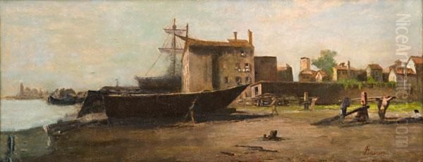 Spiaggia Con Barche In Cantiere Oil Painting by Giovanni Lavezzari